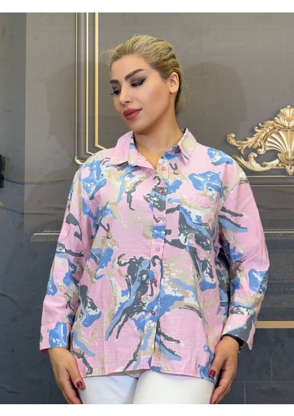 Gömlek Pamuklu Viskon Erkek Yaka Uzun Kollu Desenli Pembe Renk Standart Beden Tek Cepli Günlük fırsatları