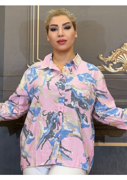 Gömlek Pamuklu Viskon Erkek Yaka Uzun Kollu Desenli Pembe Renk Standart Beden Tek Cepli Günlük indirimleri