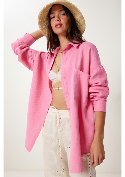 Oversize Basic Müslin Gömlek Açık Pembe LMX0002