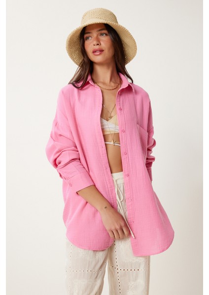 Oversize Basic Müslin Gömlek Açık Pembe LMX0002