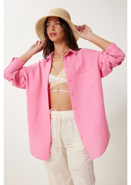 Oversize Basic Müslin Gömlek Açık Pembe LMX0002