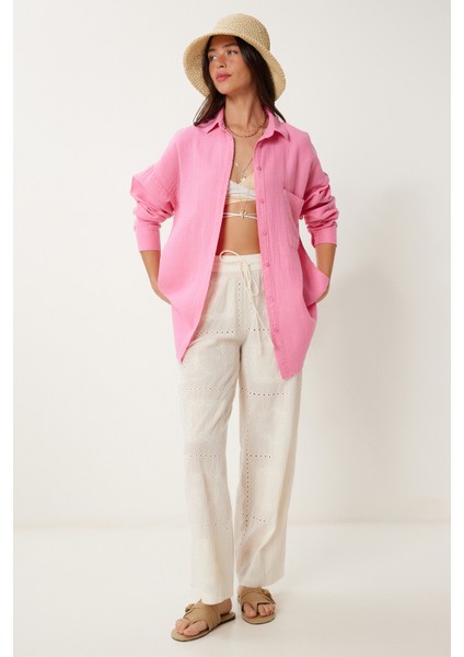 Oversize Basic Müslin Gömlek Açık Pembe LMX0002