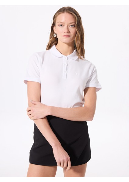 Polo Yaka Basic Düz Beyaz Kadın T-Shirt - DEEP