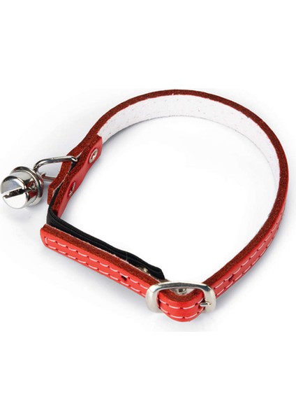 Kedi Boyun Tasması, Deri, Zilli, Kırmızı, 24-29 cm