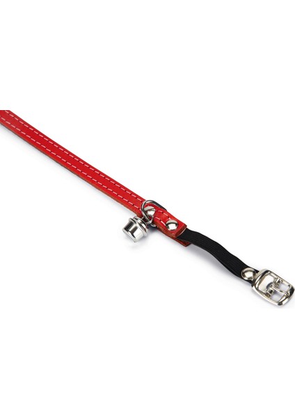 Kedi Boyun Tasması, Deri, Zilli, Kırmızı, 24-29 cm