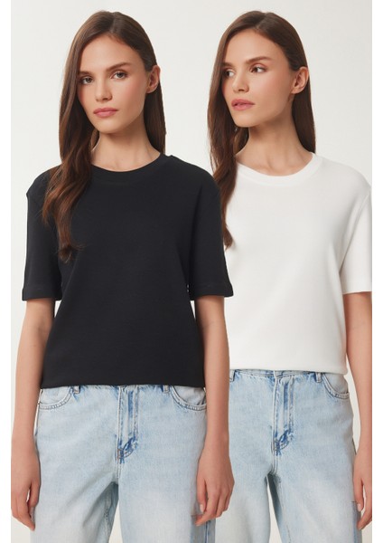 2'li Paket Pamuklu Basic Örme T-Shirt Siyah Beyaz LAG0002