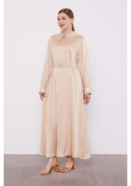 Bej Taş Detaylı Saten Elbise fiyatları