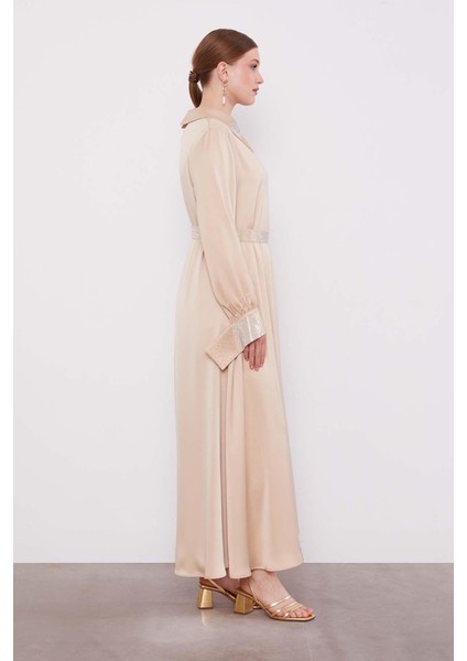 Bej Taş Detaylı Saten Elbise modelleri