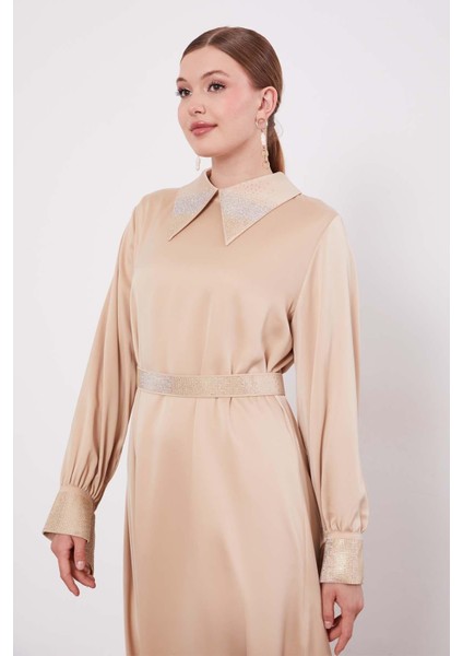 Bej Taş Detaylı Saten Elbise fırsatları