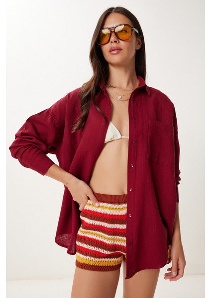 Oversize Basic Müslin Gömlek Bordo LMX0002