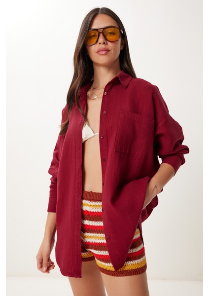 Oversize Basic Müslin Gömlek Bordo LMX0002