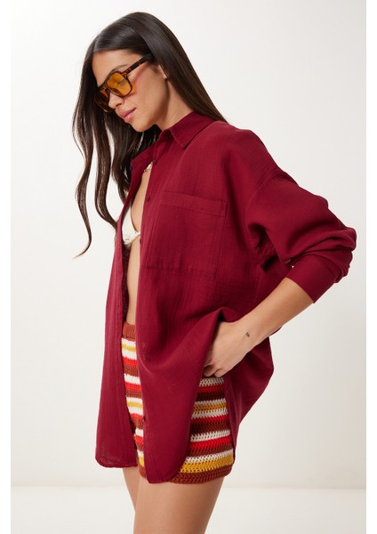 Oversize Basic Müslin Gömlek Bordo LMX0002