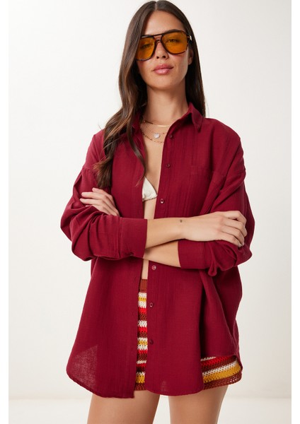 Oversize Basic Müslin Gömlek Bordo LMX0002