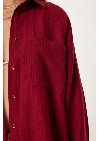 Oversize Basic Müslin Gömlek Bordo LMX0002