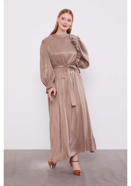 Yağ Yeşili ÇİÇEK AKSESUARLI ELBİSE