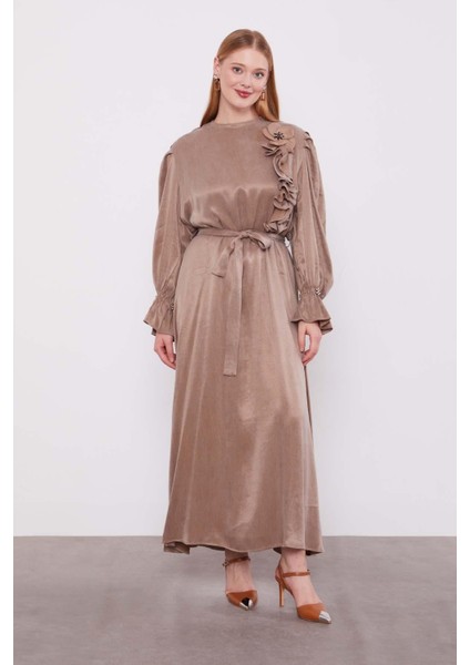 Yağ Yeşili ÇİÇEK AKSESUARLI ELBİSE fiyatları