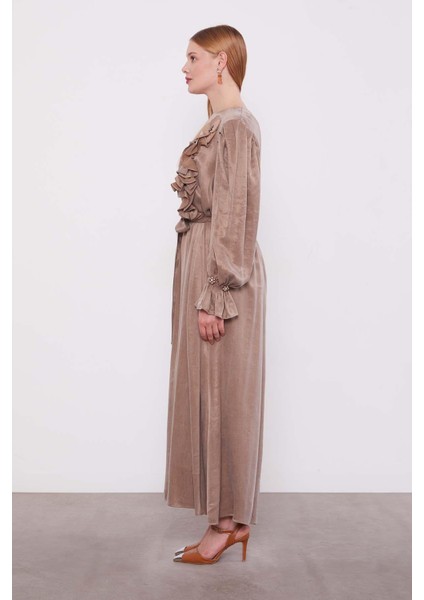 Yağ Yeşili ÇİÇEK AKSESUARLI ELBİSE modelleri