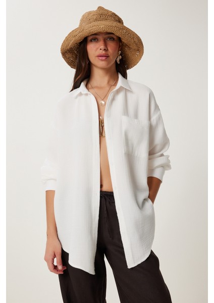 Oversize Basic Müslin Gömlek Ekru LMX0002
