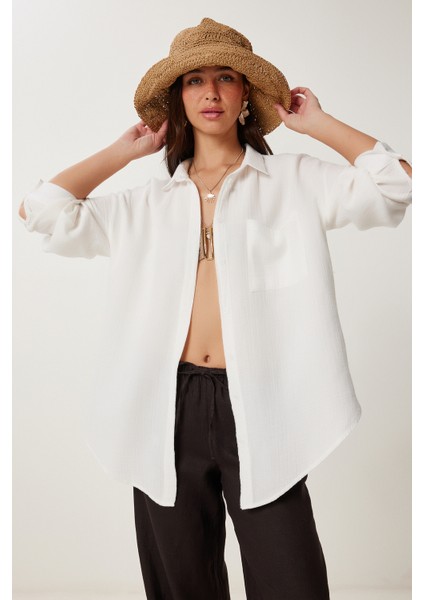 Oversize Basic Müslin Gömlek Ekru LMX0002