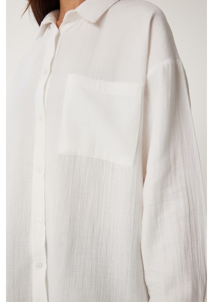 Oversize Basic Müslin Gömlek Ekru LMX0002