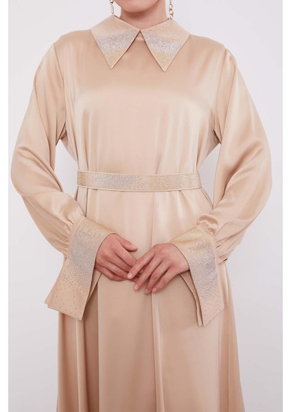 Bej Taş Detaylı Saten Elbise indirimleri