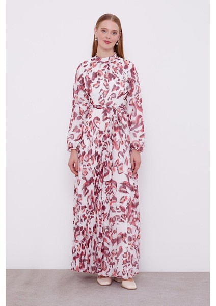 Bordo Fırfır Kol Detaylı Elbise