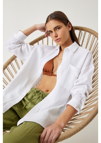 Oversize Basic Müslin Gömlek Beyaz LMX0002