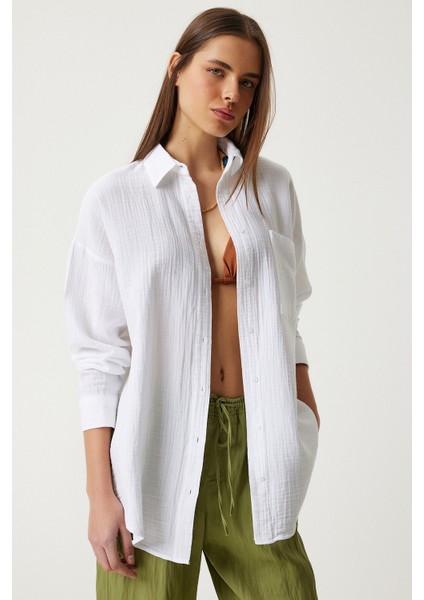 Oversize Basic Müslin Gömlek Beyaz LMX0002
