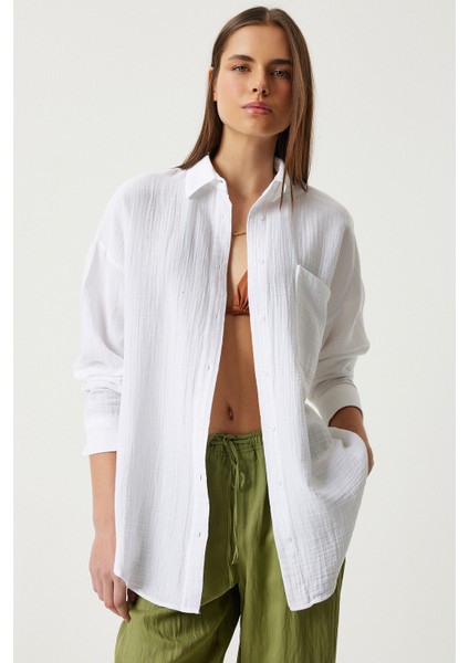 Oversize Basic Müslin Gömlek Beyaz LMX0002