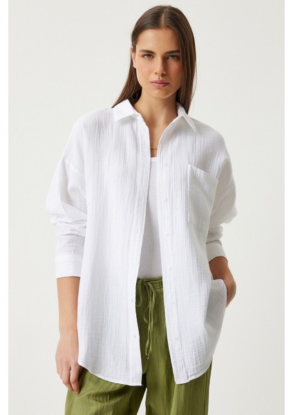 Oversize Basic Müslin Gömlek Beyaz LMX0002