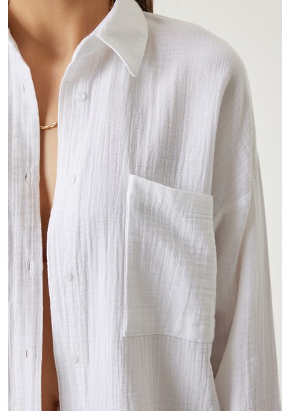 Oversize Basic Müslin Gömlek Beyaz LMX0002