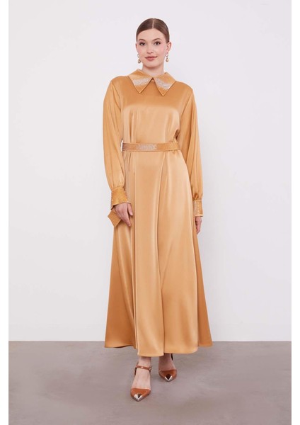 Camel Taş Detaylı Saten Elbise
