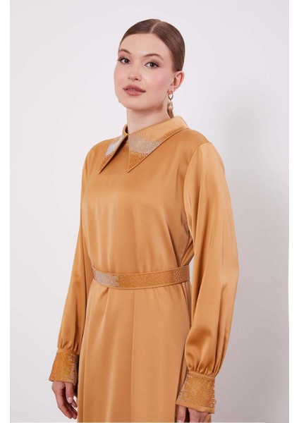 Camel Taş Detaylı Saten Elbise modelleri