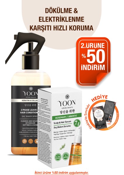 2'li Vegan Saç Spreyi ve Saç Serumu - 7 Doğal Aktif - Keratin ve Kolajen İçerikli - Saç Derisi ve Uçları İçin Bakım Seti