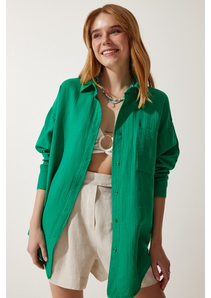 Oversize Basic Müslin Gömlek Yeşil LMX0002