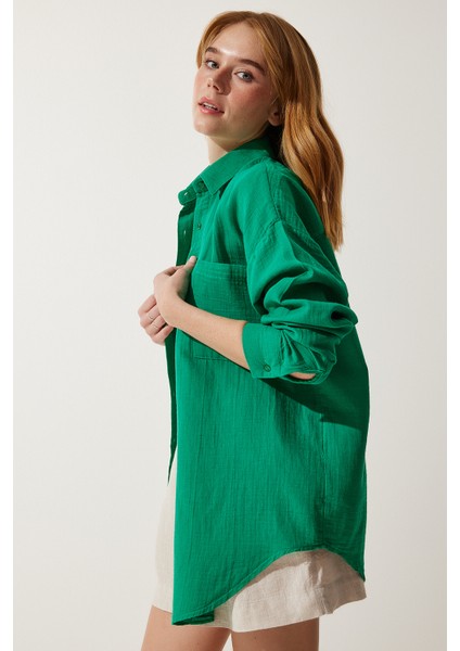 Oversize Basic Müslin Gömlek Yeşil LMX0002