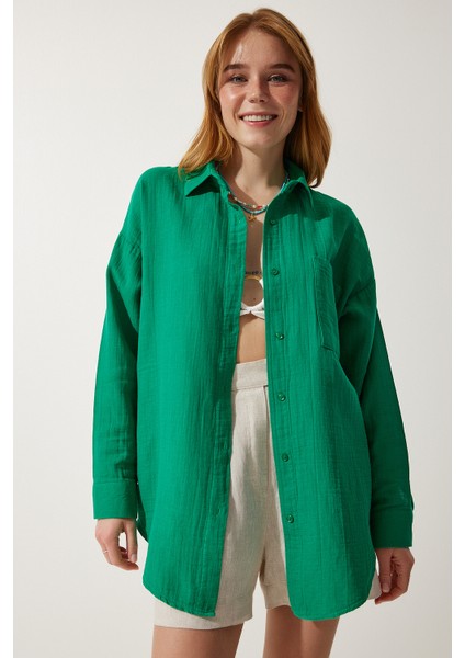 Oversize Basic Müslin Gömlek Yeşil LMX0002