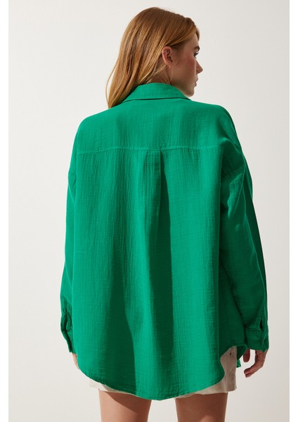 Oversize Basic Müslin Gömlek Yeşil LMX0002