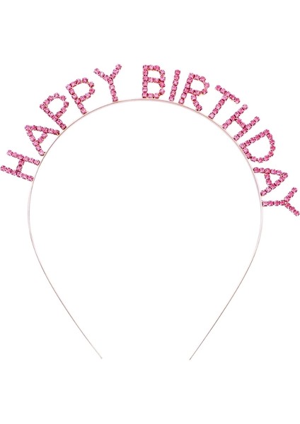 Pembe Renk Kristal Taşlı Gold Renk Kaplama Happy Birthday Taç 16X17 cm