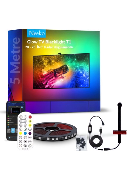 Glow T1 Akıllı Şerit LED Işık | Tv Senkron, Sese Duyarlı, Renkli Ambiyans Aydınlatma 70-75 Inch Tv'ler ile Uyumludur