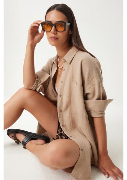 Oversize Basic Müslin Gömlek Bej LMX0002