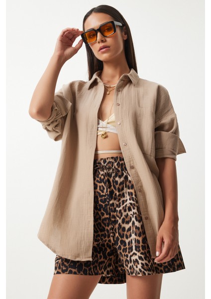Oversize Basic Müslin Gömlek Bej LMX0002