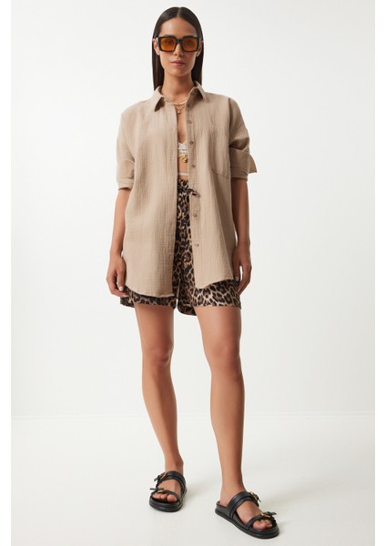 Oversize Basic Müslin Gömlek Bej LMX0002