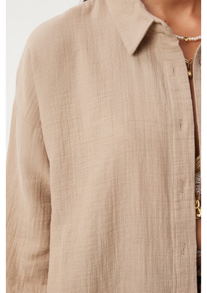 Oversize Basic Müslin Gömlek Bej LMX0002
