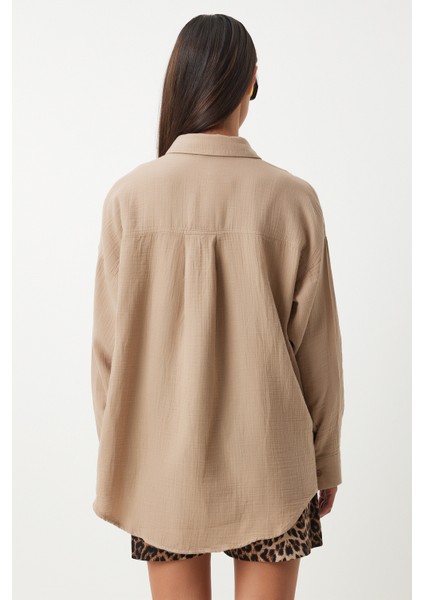 Oversize Basic Müslin Gömlek Bej LMX0002