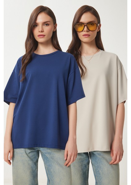 Basic Oversize 2'li Takım Örme T-Shirt Lacivert Taş LHW0007