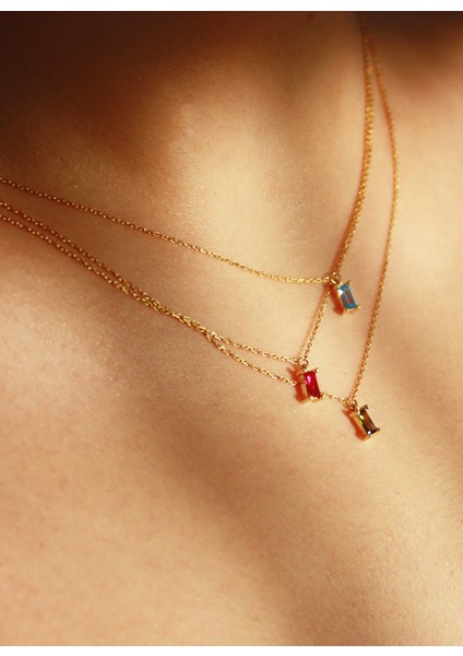 Gümüş Üzeri 14 Ayar Altın Kaplama Blue Topaz Taşlı Baget Kolye fiyatları