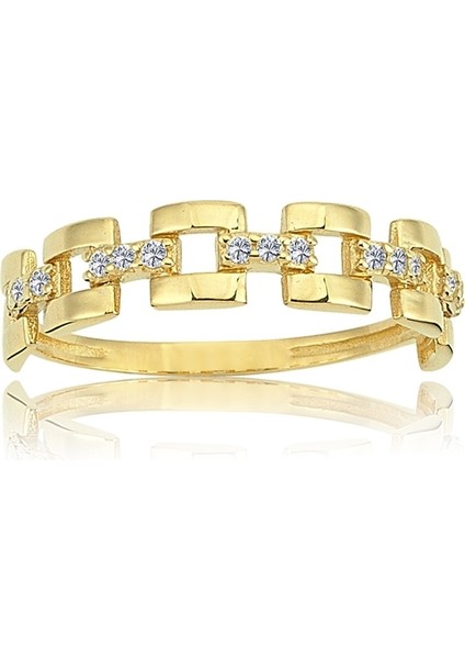 Gümüş Yüzük - Taşlı Kare Zincir 925 Ayar Gümüş Yüzük-Taşlı Minimal Gümüş Alyans-Hediye Gümüş Yüzük