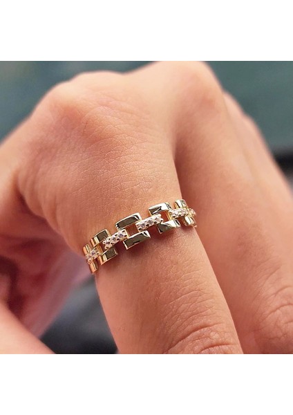 Gümüş Yüzük - Taşlı Kare Zincir 925 Ayar Gümüş Yüzük-Taşlı Minimal Gümüş Alyans-Hediye Gümüş Yüzük modelleri