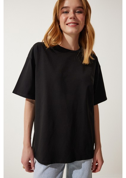 Basic Oversize Örme T-Shirt Siyah LHW0003